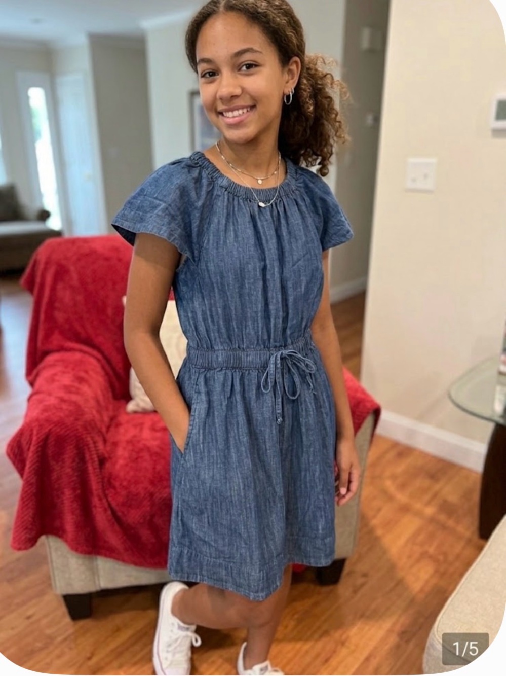 Girls' Blue Chambray Drawstring Waist Dress